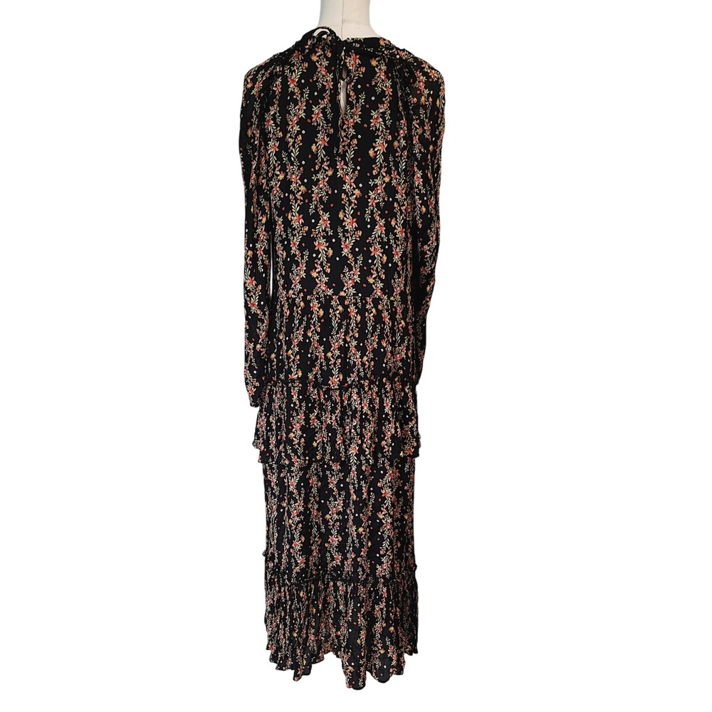 ZARA Black Floral Print Tiered Maxi Dress Puff Sleeve Ruffle High Neck - Picture 6 of 10